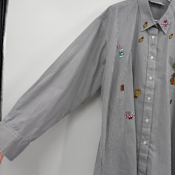 Mili Designs Top Women 2X White Blue Striped Christmas Sequin Long Sleeve Button - Picture 3 of 11